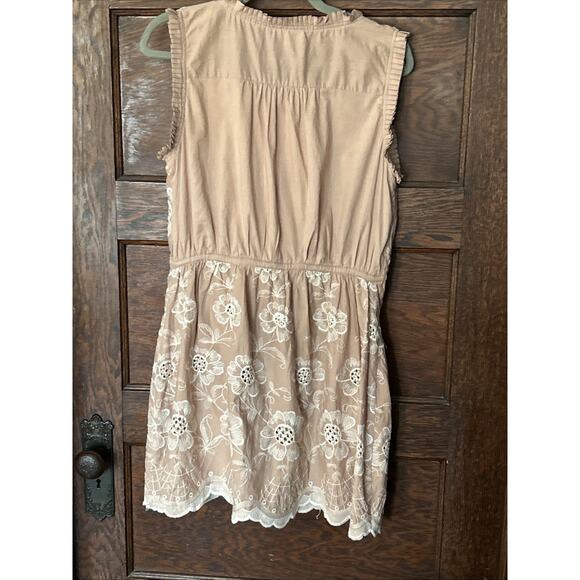 LuPruia Tan Cream Floral Embroidered Eyelet Cotton Button Front Dress Sz L Pleat - Picture 7 of 12